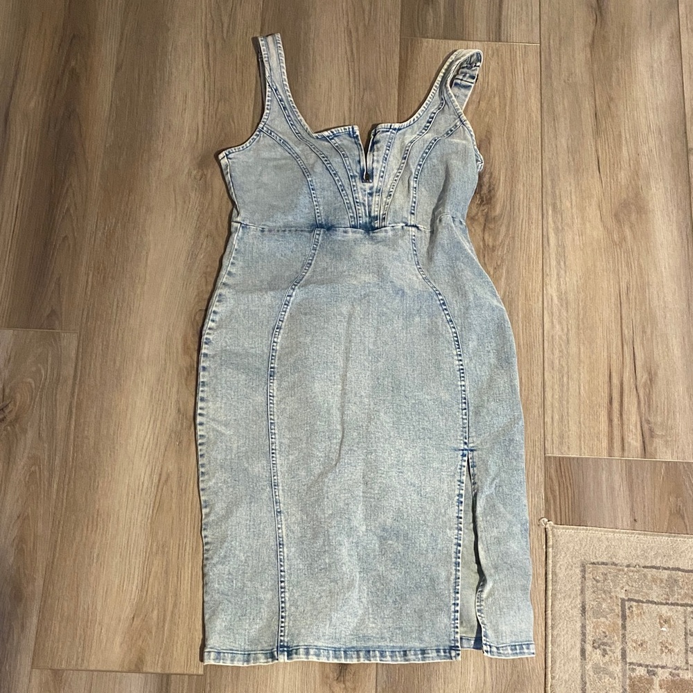 Denim Bodycon Midi Dress - Light Wash Blue